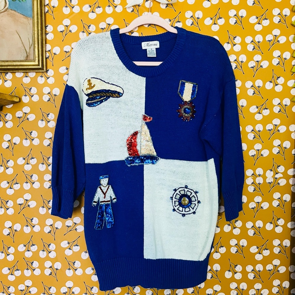 Vintage Sequin Yacht Cruise Boating Preppy Sweater Sz M